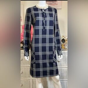 Lela Rose Sheath Dress Modest Conservative windowpane pattern blue white Size 10
